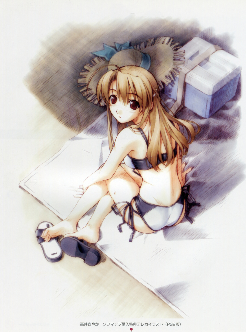 absurdres ahoge barefoot bikini brown_hair cooler feet from_behind hashimoto_takashi hat highres long_hair looking_back may pia_carrot_(series) pia_carrot_e_youkoso!!_3 red_eyes sandals scan shoes_removed side-tie_bikini sitting solo straw_hat swimsuit takai_sayaka yokozuwari