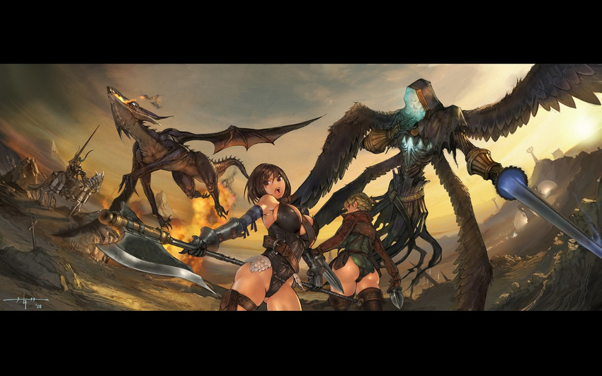 1440x900 armor axe bangs battle_axe belt blonde_hair breasts brown_eyes brown_hair claws cross dagger demon dragon elbow_gloves fire gloves holster horns horse huge_breasts kanda_(ura-kanda) knight lance multiple_girls polearm spear spikes sword tail thigh_holster thighhighs weapon wings