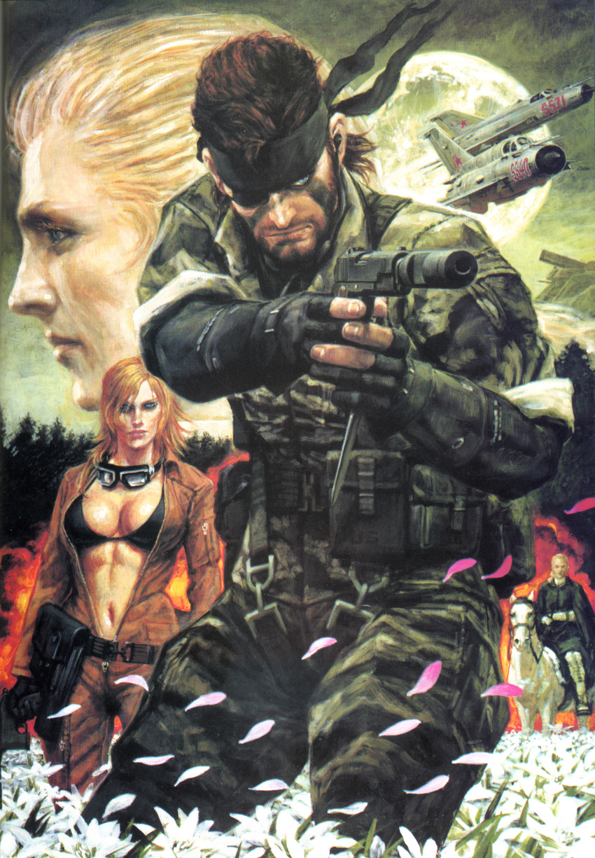 3girls 60s absurdres aircraft airplane bandana big_boss blonde_hair blue_eyes breasts brown_hair canteen epic eva_(mgs) eyepatch fighter_jet flower goggles gun handgun highres jet knife load_bearing_equipment m1911 medium_breasts metal_gear_(series) metal_gear_solid_3 mig-21 military military_vehicle multiple_girls naked_snake official_art oldschool orange_hair ourai_noriyoshi petals realistic russian soviet stabo_harness suppressor the_boss tigerstripe_(camo) traditional_media weapon