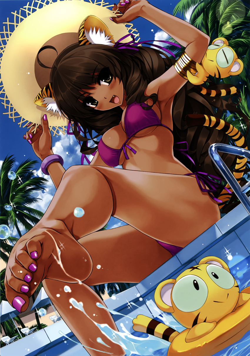 1girl animal_ears armpits arms_up barefoot bikini black_hair brown_eyes cat_ears cat_tail cradle_(artist) dark_skin fang feet highres legs long_hair misaki_kurehito nail_polish photoshop pink_nails pool purple_nails soles solo swimsuit tail tan tiger_ears tiger_tail toe_scrunch toenail_polish toes very_long_hair