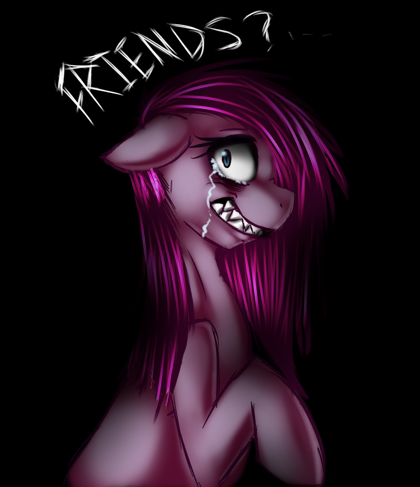 black_background blue_eyes creepy english_text equine female feral friendship_is_magic fur grin hair horse looking_at_viewer mammal mixipony my_little_pony pegasus pink_fur pink_hair pinkamena_(mlp) pinkie_pie_(mlp) plain_background pony portrait solo tears text wings