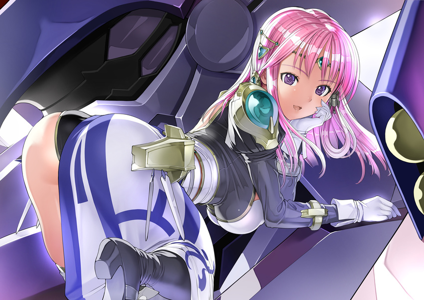 :d against_wall ariel_org armor ass bad_id bad_pixiv_id bangs belt bent_over boots bracelet breasts chin_rest circlet flickerei_geist from_side gem gloves hair_ornament hair_rings half_updo high_heels highres jewelry large_breasts leg_lift leotard long_hair long_sleeves looking_at_viewer looking_back mecha multiple_belts nakabayashi_reimei open_mouth pink_hair purple_eyes real_robot_regiment shoes skirt smile solo super_robot_wars the_2nd_super_robot_wars_og thigh_boots thighhighs white_gloves