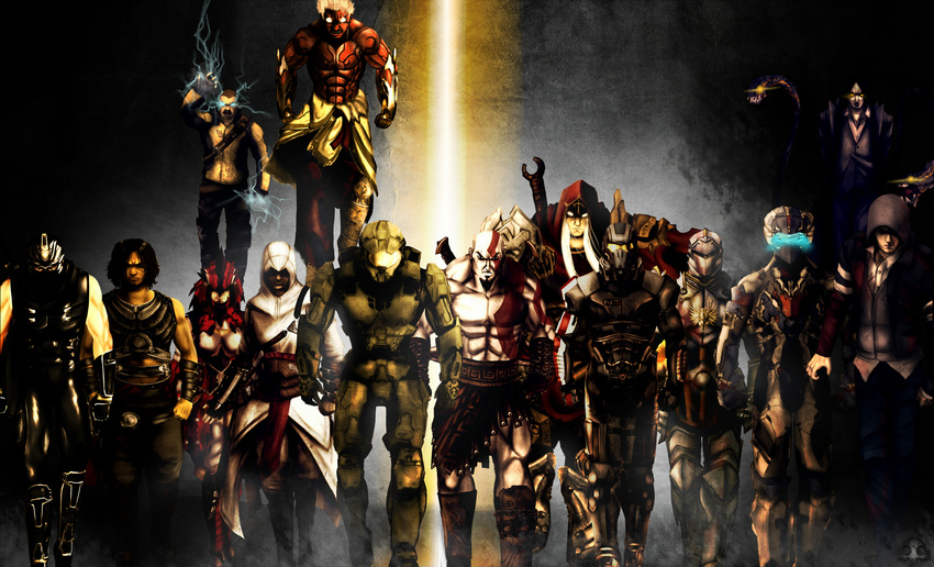 6+boys absurdres alex_mercer altair_ibn_la-ahad annotated aquarim armor assassin's_creed assassin's_creed_(series) asura's_wrath asura_(asura's_wrath) cole_macgrath commander_shepard commander_shepard_(male) crossover darksiders dead_space dragon_age:_origins full_armor god_of_war grey_warden halo_(game) highres huge_filesize infamous isaac_clarke jackie_estacado kratos mass_effect master_chief monster_hunter multiple_boys multiple_crossover n7_armor ninja_gaiden prince_(sands_of_time) prince_of_persia prototype_(game) rathalos_(armor) ryu_hayabusa the_darkness the_darkness_(character) war_(darksiders)