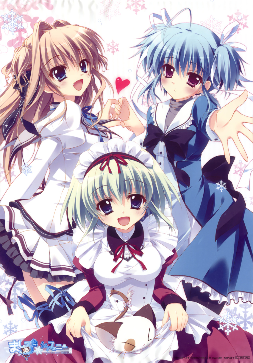 &gt;_&lt; :3 :d absurdres angelina_nanatsu_sewell apron black_legwear blue_eyes blue_hair blush breasts brown_hair cat closed_eyes dress frills green_hair hair_intakes heart heart_hands heart_hands_duo highres izumi_tsubasu large_breasts long_sleeves looking_at_viewer maid maid_headdress mashiroiro_symphony multicolored_hair multiple_girls open_mouth pan-nya purple_eyes scan sena_airi smile tareme thighhighs two-tone_hair upper_body uryuu_sakuno white_dress x3