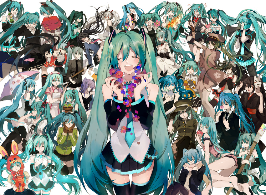 1girl albino_(vocaloid) animal_hood annotated apple aqua_eyes aqua_hair bad_end_night_(vocaloid) barefoot black_rock_shooter black_rock_shooter_(character) blue_eyes blush bow bowtie bunny_hood camisole cendrillon_(vocaloid) choker clock_lock_works_(vocaloid) closed_eyes detached_sleeves dress eh?_ah_sou_(vocaloid) electric_angel_(vocaloid) electric_guitar flower food fox_mask fruit gloves glowing glowing_eyes guitar hair_ribbon hairband hajimete_no_koi_ga_owaru_toki_(vocaloid) hand_on_own_chest hands_clasped hat hatsune_miku hatsune_miku_no_shoushitsu_(vocaloid) headphones hello_planet_(vocaloid) hood instrument karakuri_pierrot_(vocaloid) kasou_kyoku_(vocaloid) koi_wa_sensou_(vocaloid) koiiro_byoutou_(vocaloid) kusari_no_shoujo_(vocaloid) long_hair lots_of_laugh_(vocaloid) mask matryoshka_(vocaloid) megaphone melt_(vocaloid) miracle_paint_(vocaloid) monochro_blue_sky_(vocaloid) multiple_persona musunde_hiraite_rasetsu_to_mukuro_(vocaloid) necktie nisoku_hokou_(vocaloid) nurse nurse_cap odds_&amp;_ends_(vocaloid) one_eye_closed open_mouth own_hands_together paintbrush petals poppippoo_(vocaloid) ribbon rolling_girl_(vocaloid) romeo_to_cinderella_(vocaloid) saihate_(vocaloid) sakura_no_ame_(vocaloid) scarf senbon-zakura_(vocaloid) shinkai_shoujo_(vocaloid) sitting skirt smile songover syringe tell_your_world_(vocaloid) thigh_gap thighhighs tsukioka_tsukiho twintails umbrella very_long_hair vocaloid voice_(vocaloid) world_is_mine_(vocaloid) zettai_ryouiki