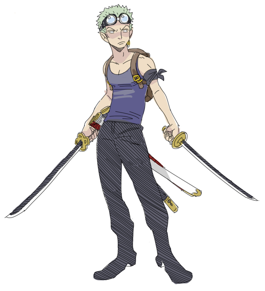 1boy backpack bag bandanna dual_wielding earrings full_body goggles goggles_on_head green_hair highres jewelry male male_focus one_piece roronoa_zoro scabbard sheath skypiea solo standing sword tank_top weapon