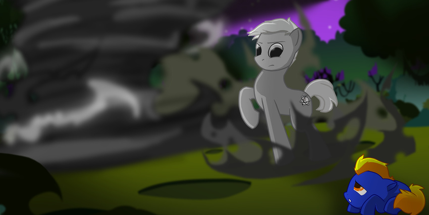 amber_eyes atom atomic_clock blonde_hair cub cutie_mark duo eightysix equine friendship_is_magic grey_eyes grey_hair hair horse male mammal mlp:fim my_little_pony night outside pony smoke solo tornado tree vortex white_hair young