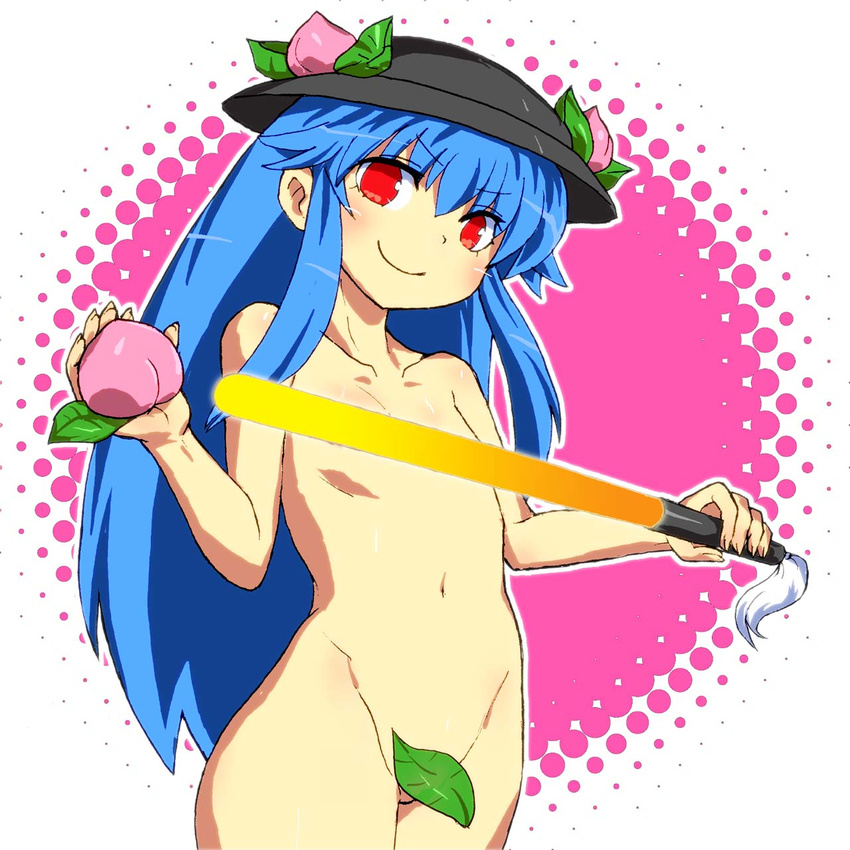 blue_hair censored collarbone convenient_censoring flat_chest food fruit gomi_ichigo hat highres hinanawi_tenshi holding long_hair navel nude peach red_eyes smile solo sword_of_hisou touhou weapon