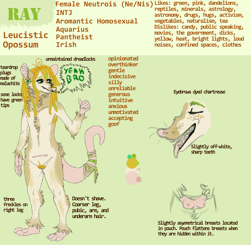 cannabis coppahhead dreadlocks drugs female freckles mammal marijuana marsupial model_sheet opossum pouch solo