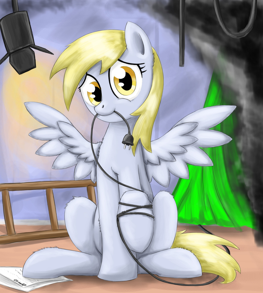 amber_eyes blonde_hair cord curtains derpy_hooves_(mlp) equine female feral friendship_is_magic fur grey_fur hair hi_res horse ladder light looking_at_viewer mammal mouth_hold my_little_pony otakuap paper pegasus pony sitting smoke solo studio wings