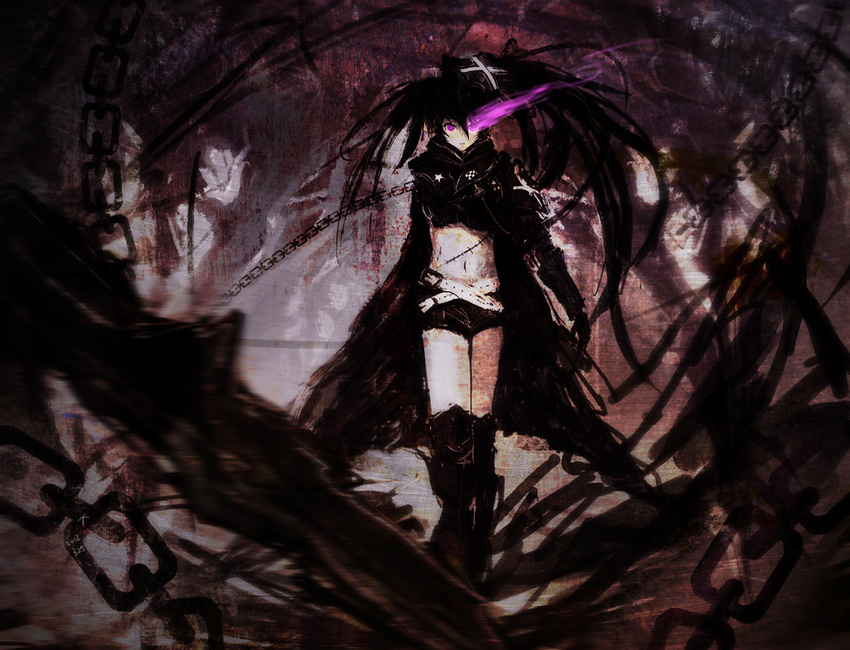 armor black_hair black_rock_shooter boots chain insane_black_rock_shooter kuroi_mato kxxxxxxxxxxx purple_eyes twintails