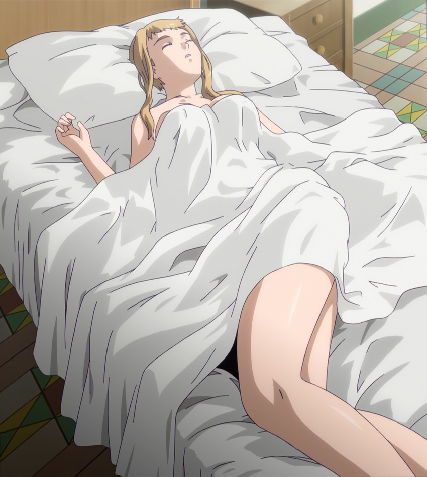 1girl bed blonde_hair breasts eyes_closed highres large_breasts leina nude queen's_blade queen's_blade sleeping solo stitched