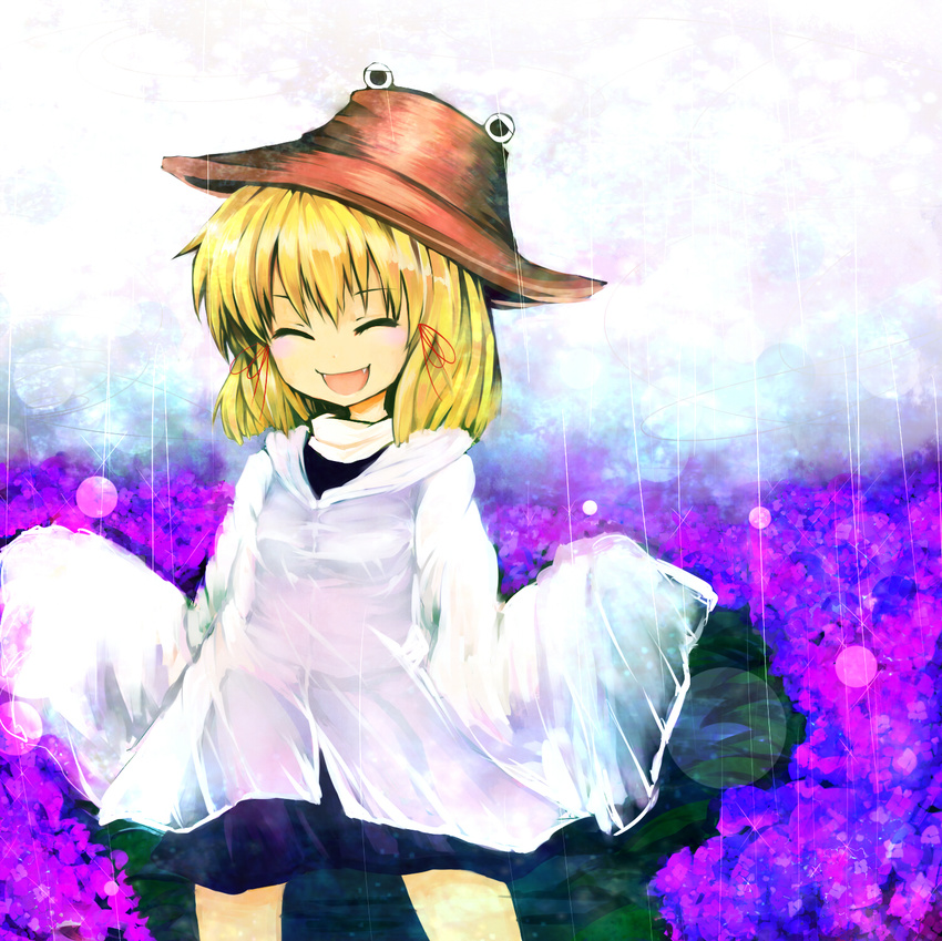 :d ^_^ blonde_hair chagu closed_eyes fangs hat highres moriya_suwako open_mouth poncho rain short_hair smile solo touhou