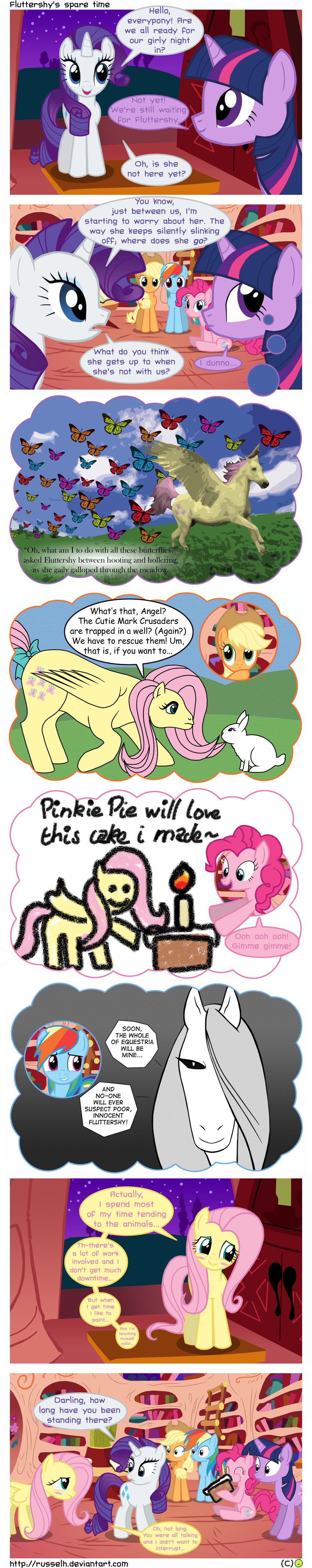 applejack_(mlp) arthropod blue_eyes blush butterflies butterfly cake comic cowboy_hat cutie_mark dialog english_text equine female feral fluttershy_(mlp) food friendship_is_magic green_eyes group hair hat horn horse imagining insect mammal multi-colored_hair my_little_pony pegasus pinkie_pie_(mlp) pony purple_eyes rainbow_dash_(mlp) rainbow_hair text thelastgherkin twilight_sparkle_(mlp) unicorn wings