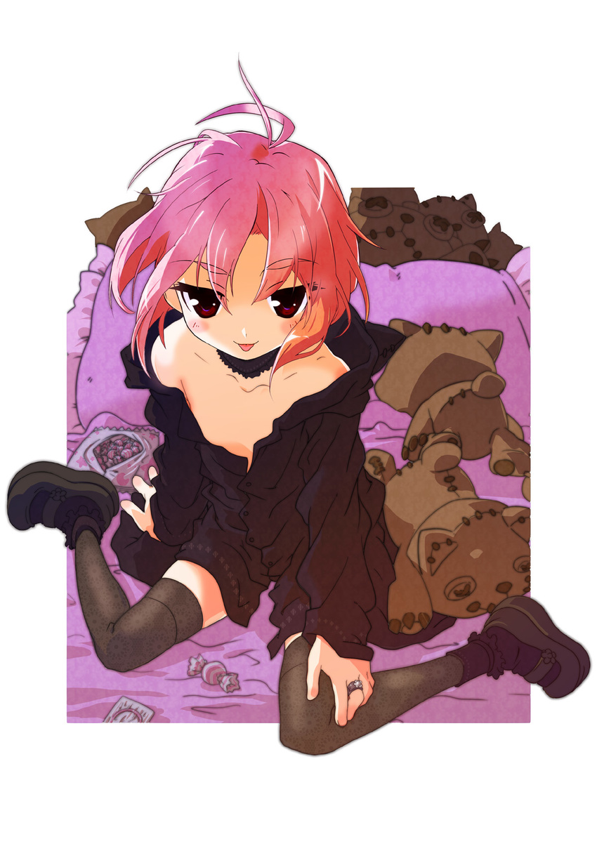 :p bad_id bad_pixiv_id bare_shoulders bed blush candy child choker condom copyright_request dress_shirt flat_chest food hands highres kokoroke_(556k) oversized_clothes pink_hair purple_eyes shirt short_hair sitting solo stuffed_animal stuffed_toy thighhighs tongue tongue_out wariza