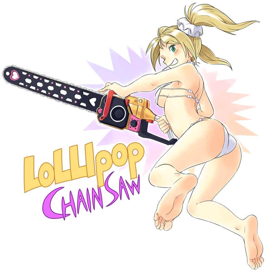 ass back barefoot bikini blonde_hair blush breasts chainsaw feet full_body green_eyes grin highres juliet_starling legs lollipop_chainsaw long_hair md5_mismatch medium_breasts oyatsu_(mk2) sideboob simple_background smile soles solo swimsuit text_focus toes twintails underboob