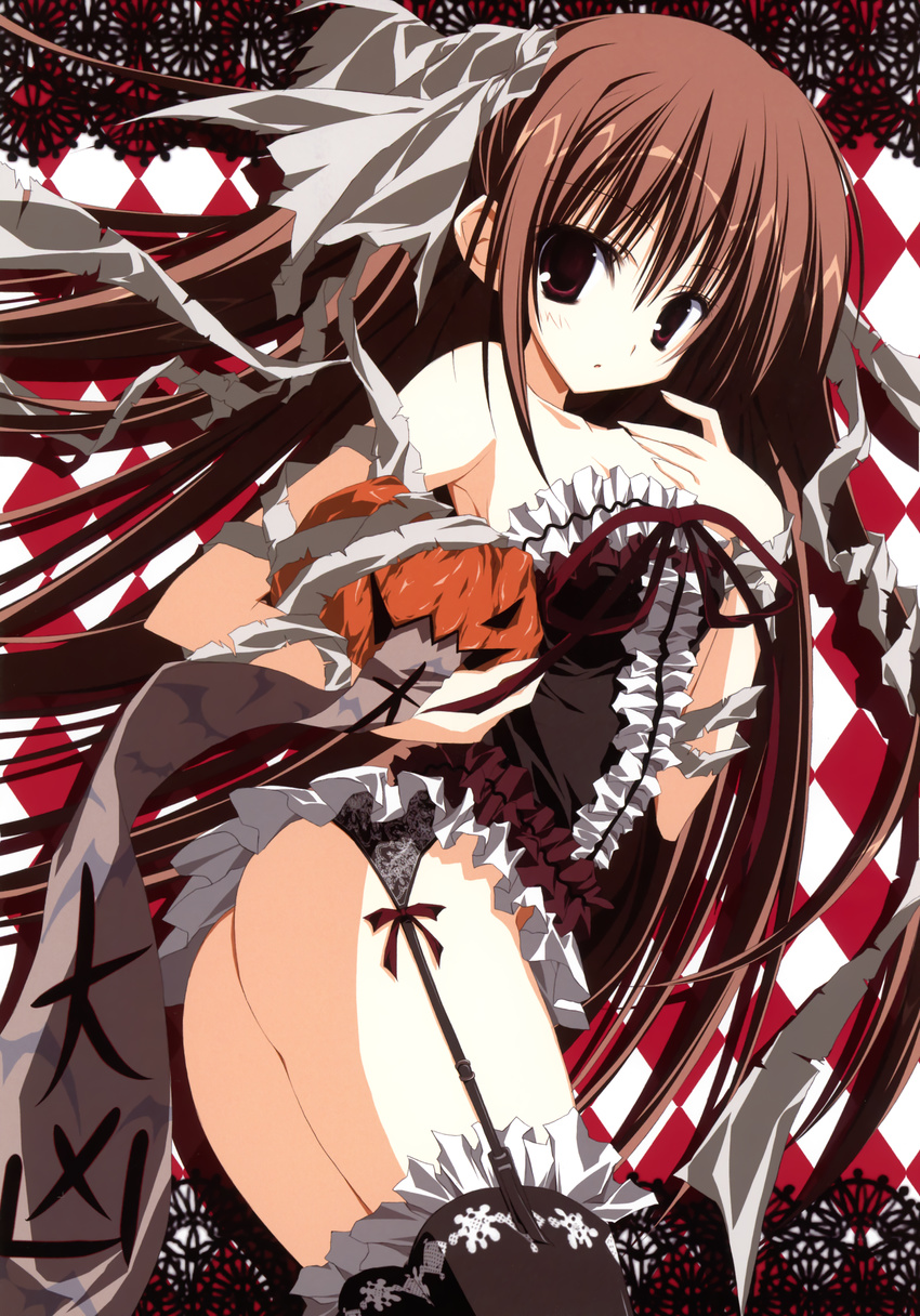 absurdres argyle argyle_background bandages black_legwear brown_hair dress frilled_dress frilled_legwear frills garter_straps hasegawa_isaac_izumi_mercedes_jakoko highres inugami_kira jack-o'-lantern long_hair pumpkin purple_eyes strapless strapless_dress supreme_candy thighhighs very_long_hair