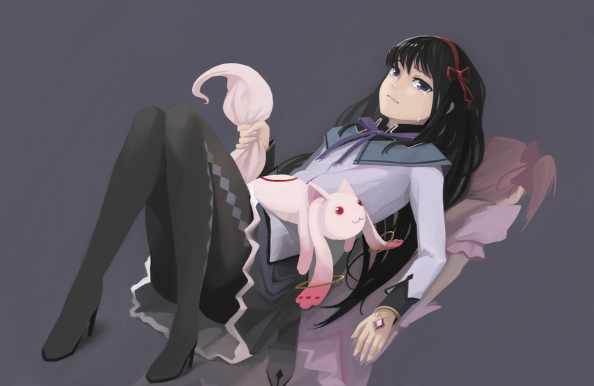 :3 akemi_homura black_hair boots different_reflection elrowa gloves hair_ribbon highres kaname_madoka kyubey lying mahou_shoujo_madoka_magica multiple_girls on_back pantyhose pink_hair purple_eyes red_eyes reflection ribbon short_twintails skirt tail tail_grab tears thigh_boots thighhighs twintails