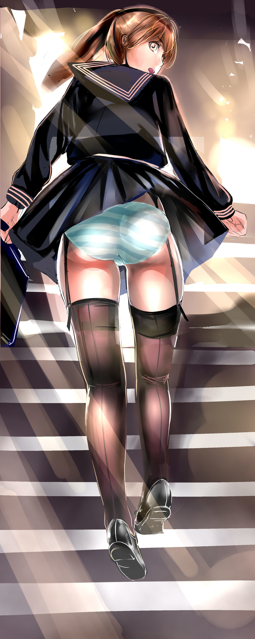 absurdres ass bad_id bad_pixiv_id brown_eyes brown_hair dodai_shouji garter_straps highres long_hair looking_back original panties ponytail school_uniform serafuku skirt solo stairs striped striped_panties underwear