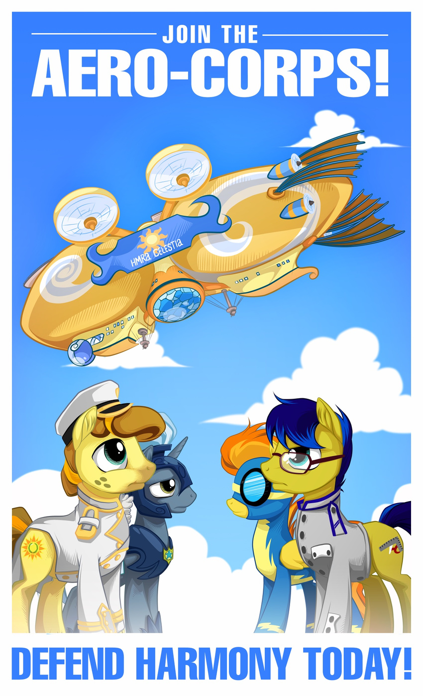 aircraft airship armor blue_eyes blue_hair brown_eyes brown_hair clothing cutie_mark english_text equine eyewear female feral friendship_is_magic glasses goggles hair hat horn horse male mammal my_little_pony mysticalpha orange_hair pegasus pilot pony poster royal_guard_(mlp) skinsuit text two_tone_hair unicorn uniform wings wonderbolts_(mlp)