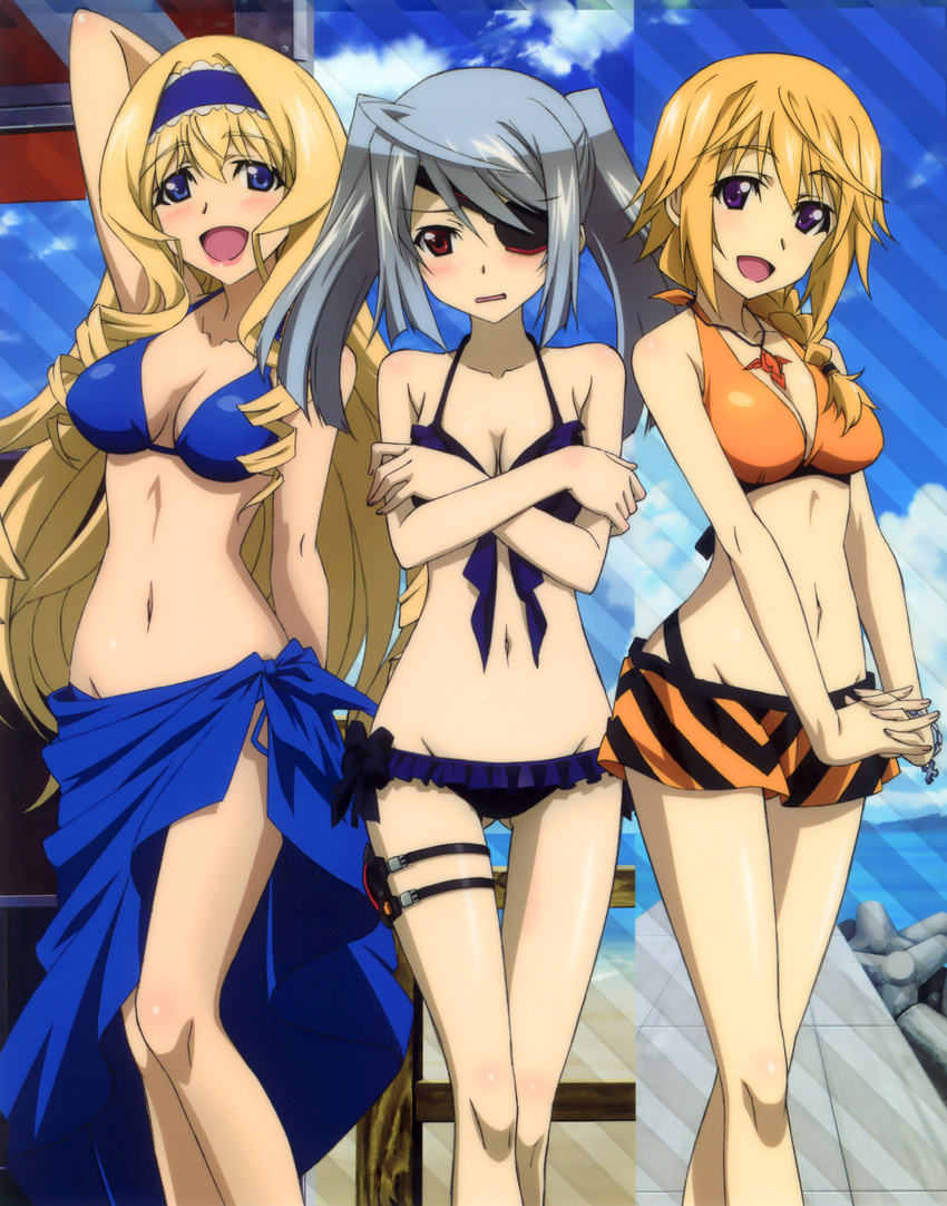 :d absurdres arm_up ass_visible_through_thighs bare_shoulders bikini bikini_skirt blonde_hair blue_bikini blue_eyes blue_hairband blue_sarong blush bracelet braid breasts cecilia_alcott charlotte_dunois cleavage covering covering_breasts crossed_arms embarrassed eyepatch front-tie_top groin hairband hashimoto_takayoshi highres infinite_stratos jewelry laura_bodewig lips long_hair long_legs medium_breasts multiple_girls navel official_art open_mouth orange_sarong pendant purple_eyes red_eyes sarong scan side-tie_bikini silver_hair small_breasts smile striped striped_sarong swimsuit thigh_gap thigh_strap twintails