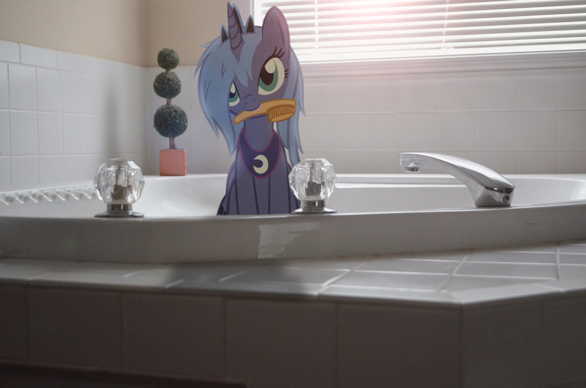 bath bathroom blinds blue_fur blue_hair brush crown cute cutie_mark daytime equine faucet female feral friendship_is_magic fur green_eyes hair horn horse looking_at_viewer mammal mixed_media mouth_hold my_little_pony necklace oppositebros oppositebros_(artist) photo plant ponies_in_real_life pony princess princess_luna_(mlp) real royalty sitting solo sunshine tile water window winged_unicorn wings