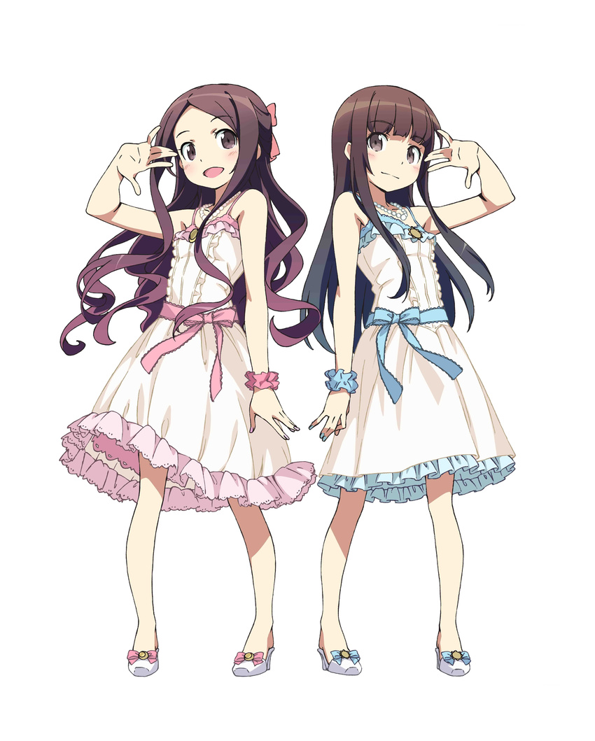 :d absurdres alice_(claris) blush brown_eyes brown_hair clara_(claris) claris_(group) curly_hair dress frilled_dress frills full_body happy highres jewelry kanzaki_hiro long_hair multiple_girls nail_polish necklace open_mouth pose ribbon shoes simple_background smile symmetrical_hand_pose symmetry