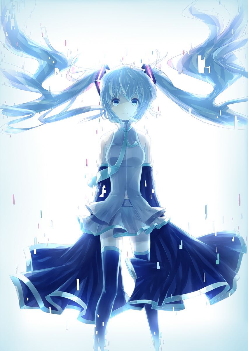 39 absurdres awabi blue_eyes blue_hair detached_sleeves digital_dissolve floating_hair hatsune_miku hatsune_miku_no_shoushitsu_(vocaloid) highres long_hair necktie skirt sleeves_past_wrists solo thighhighs twintails very_long_hair vocaloid