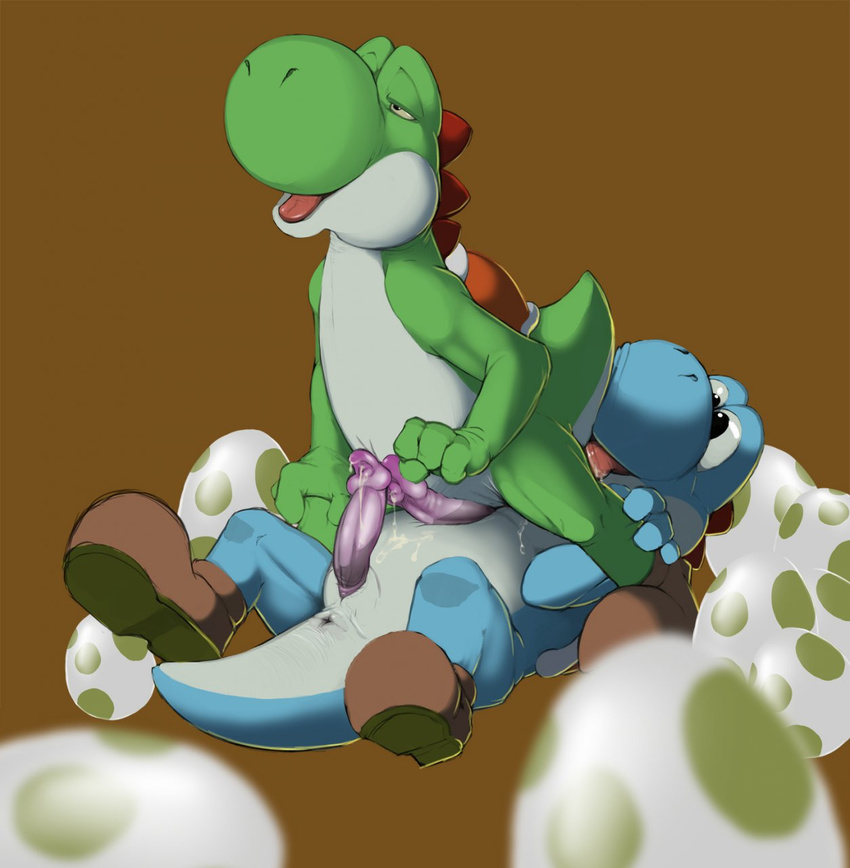 anus blue_skin brown_background cum dinosaur egg erection gay green_skin male narse nude penis plain_background scalie shoes tongue white_skin yoshi