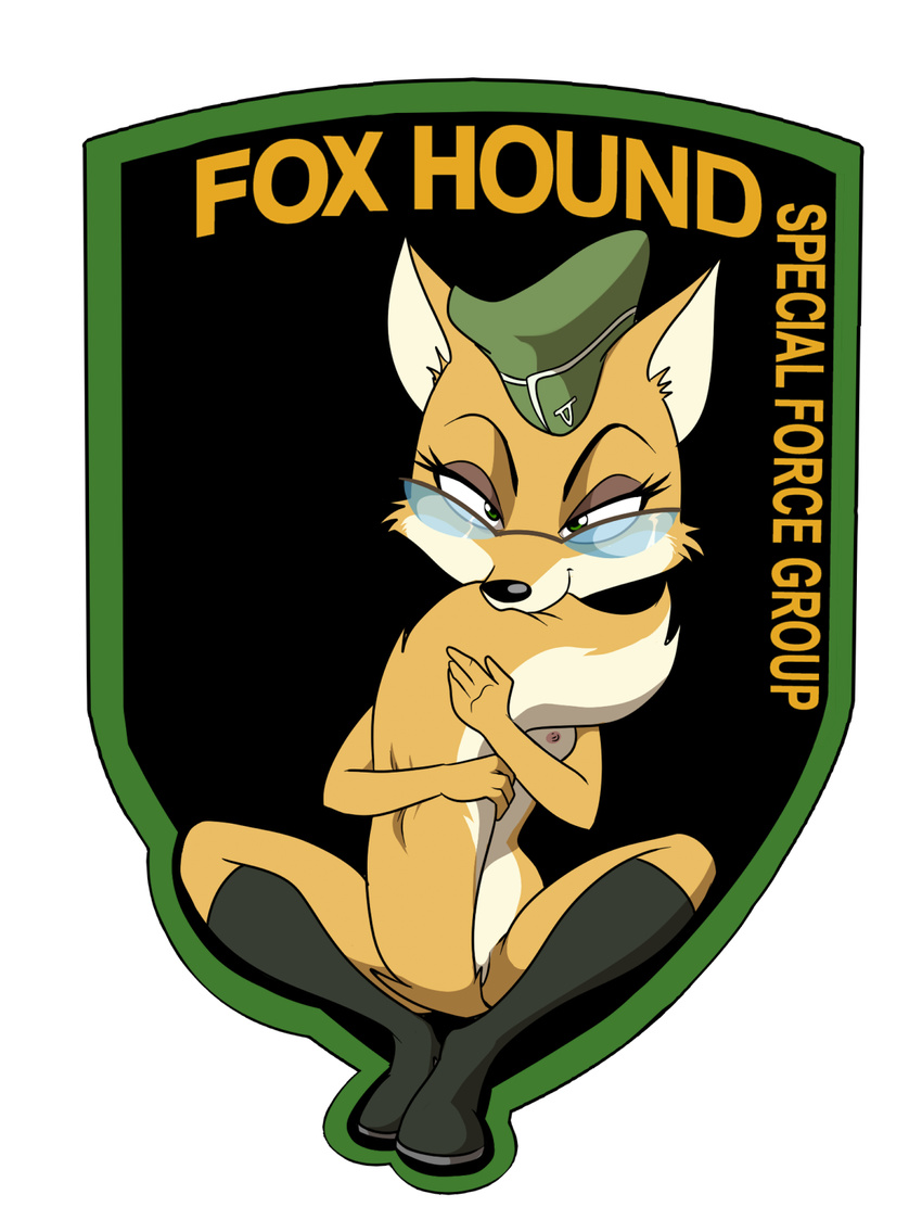 boots breasts canine eyewear female fluffy_tail fox fox_hound glasses hat i'd_hit_that_with_the_force_of_a_thousand_gods lt._vixen mammal metal_gear nipples north_korean_propaganda_gone_wrong nude parody patch solo special_force_group squirrel_and_hedgehog