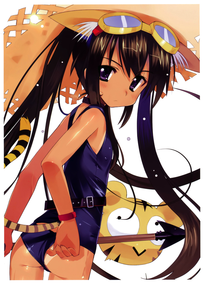 absurdres adjusting_clothes adjusting_swimsuit animal_ears ass bare_shoulders brown_hair choker flat_chest goggles goggles_on_head harpoon hat highres huge_filesize long_hair looking_back one-piece_swimsuit original polearm purple_eyes scan school_swimsuit sikorsky solo straw_hat sun_hat swimsuit tail tan tanline tiger_ears tiger_tail twintails very_long_hair weapon wet wristband