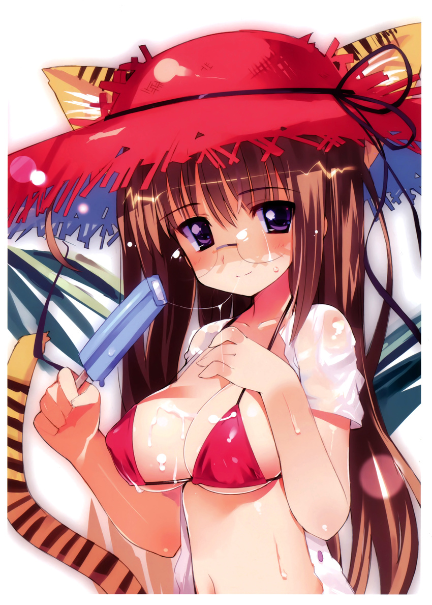 absurdres animal_ears bikini bikini_top breast_suppress breasts brown_hair cleavage copyright_request covered_nipples cream ears_through_headwear food food_on_body glasses halterneck hat highres huge_filesize large_breasts long_hair looking_at_viewer navel open_clothes open_shirt popsicle purple_eyes red_bikini scan shirt sikorsky smile solo straw_hat string_bikini suggestive_fluid sun_hat sweat swimsuit tail tiger_ears tiger_tail wet wet_clothes
