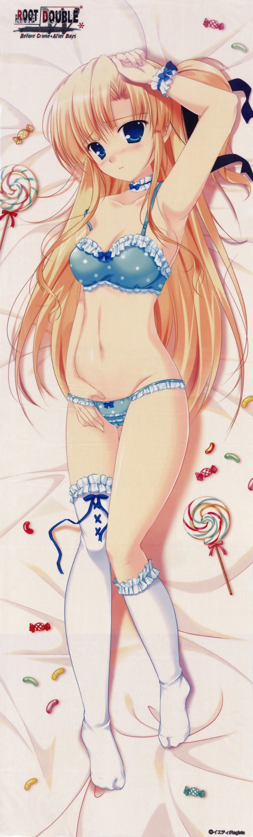 1girl absurdres arm_up armpits asymmetrical_legwear blonde_hair blue_bra blue_eyes blue_panties blush bra breasts candy cleavage copyright_name dakimakura feet food frilled_bra frilled_legwear frilled_panties frills highres huge_filesize jelly jelly_bean legs lingerie lollipop long_hair long_image lowleg lowleg_panties lying mikeou navel no_shoes on_back panties polka_dot polka_dot_bra polka_dot_panties root_double_-before_crime_after_days- sannomiya_louise_yui socks solo stomach swirl_lollipop tall_image thighhighs underwear very_long_hair watermark white_legwear wrist_cuffs