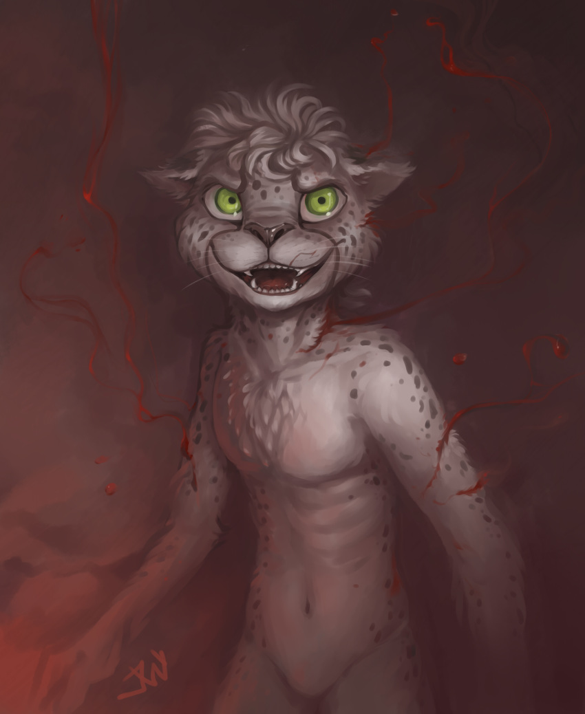 2018 angry anthro blood cheetah dark_background digital_media_(artwork) feline gore green_eyes insane lone magic magic_user male mammal nude open_mouth portrait simple_background smile solo standing teeth twymouse