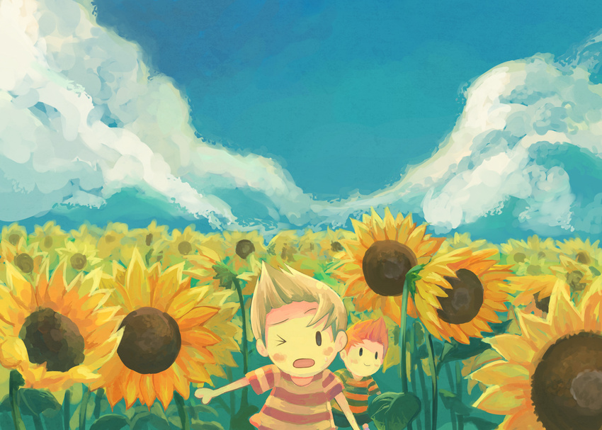 artist_request blonde_hair brown_hair claus field flower lucas male_focus mother_(game) mother_3 multiple_boys one_eye_closed quiff siblings sunflower twins