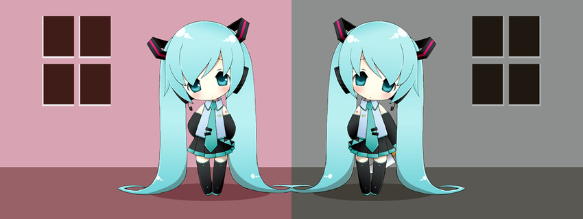 blue_eyes blue_hair chibi chitose_kiiro hatsune_miku long_hair symmetry thighhighs twintails vocaloid