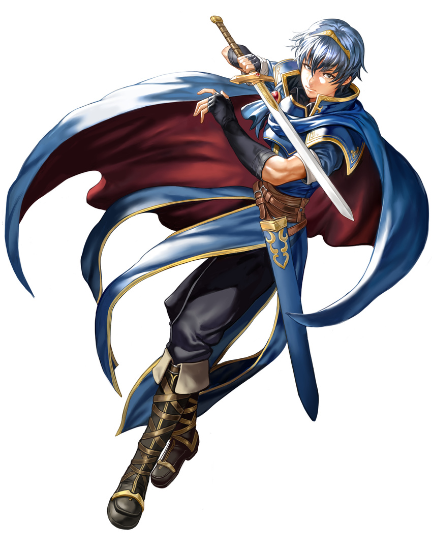 blue_eyes blue_hair boots cape fire_emblem fire_emblem:_monshou_no_nazo highres male_focus marth orushibu solo sword tiara weapon