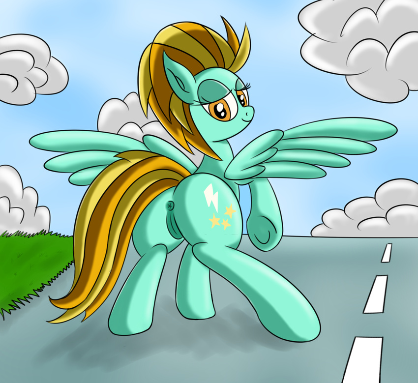 cloud clouds cutie_mark equine female feral friendship_is_magic hair horse lightning_dust_(mlp) looking_back mammal my_little_pony outside pegasus pony pussy solo two_tone_hair wings yellow_eyes ziemniax