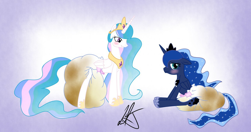 blue_hair blush crown diaper duo equine feces female feral friendship_is_magic green_eyes hair horn horse liljdude mammal multi-colored_hair my_little_pony peeing plain_background pony princess princess_celestia_(mlp) princess_luna_(mlp) purple_eyes royalty scat signature sitting smile urine winged_unicorn wings