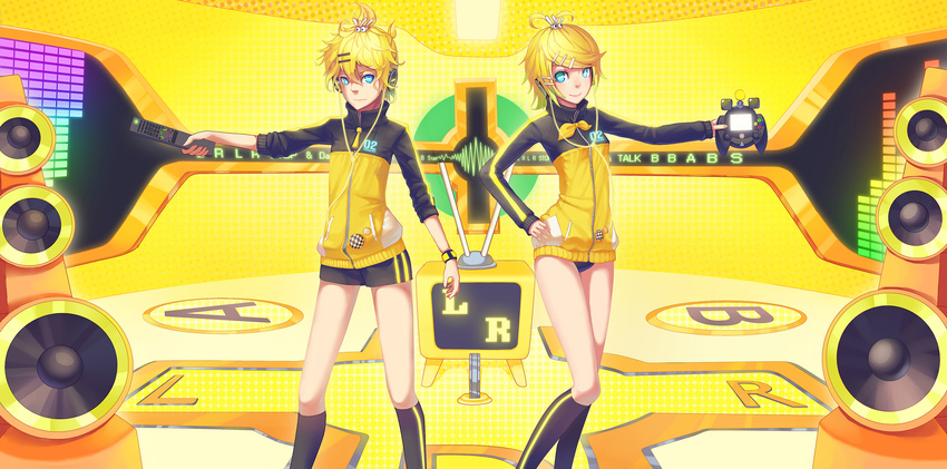 1girl blonde_hair controller game_controller hair_ornament hairclip headphones highres jacket kagamine_len kagamine_rin kneehighs madyy project_diva_(series) project_diva_f remote_control rimocon_(vocaloid) speaker stylish_energy_(module) television track_jacket vocaloid yellow