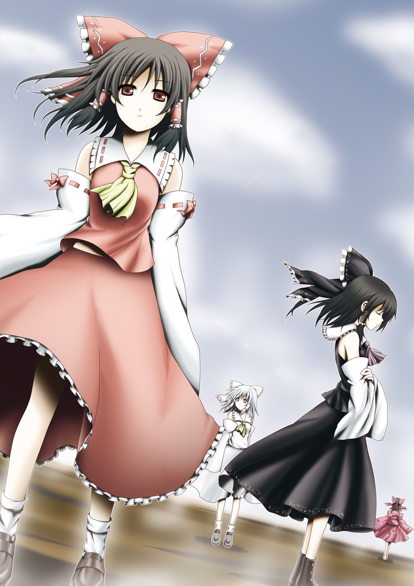 ascot black_dress boots bow brown_eyes brown_hair detached_sleeves dress from_side gld-sakky hair_bow hair_tubes hakurei_reimu highres loafers looking_at_viewer m.u.g.e.n maga-reimu multiple_girls multiple_persona onimiko red_dress shoes short_hair sky socks standing touhou white_dress white_legwear
