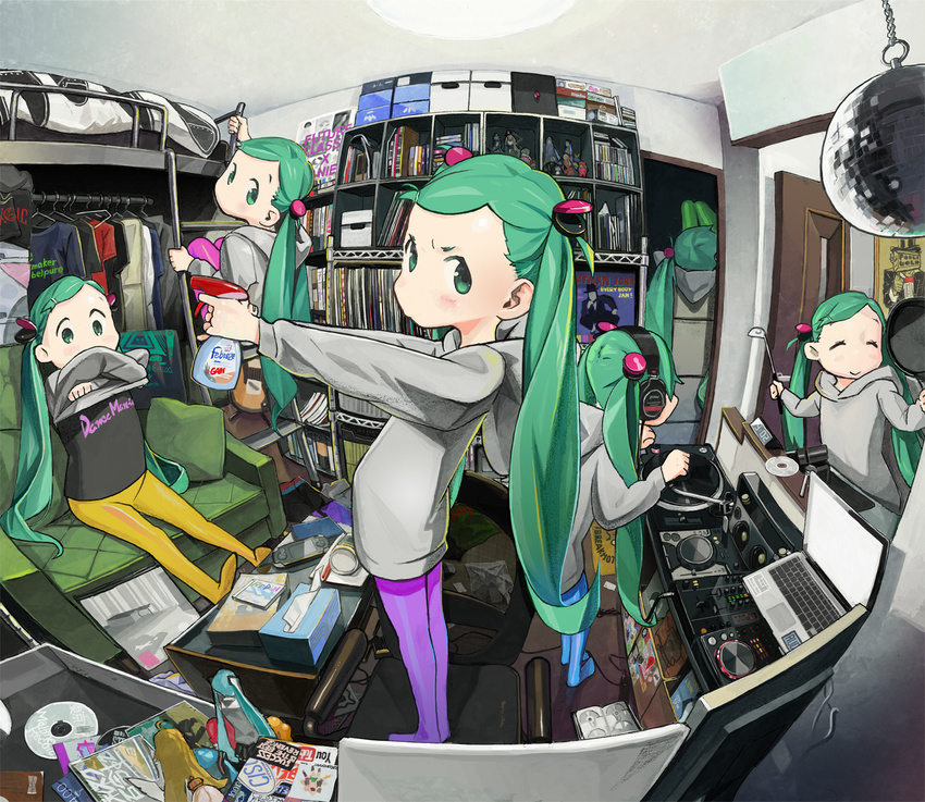 6+girls aqua_eyes aqua_hair bed blue_legwear casual clone computer desk disco_ball febreze figure fisheye forehead green_legwear hatsune_miku highres hood hoodie indoors laptop long_hair looking_at_viewer magazine multiple_girls pantyhose pink_legwear product_placement purple_legwear redial_(vocaloid) sitting smile twintails very_long_hair vocaloid yellow_legwear