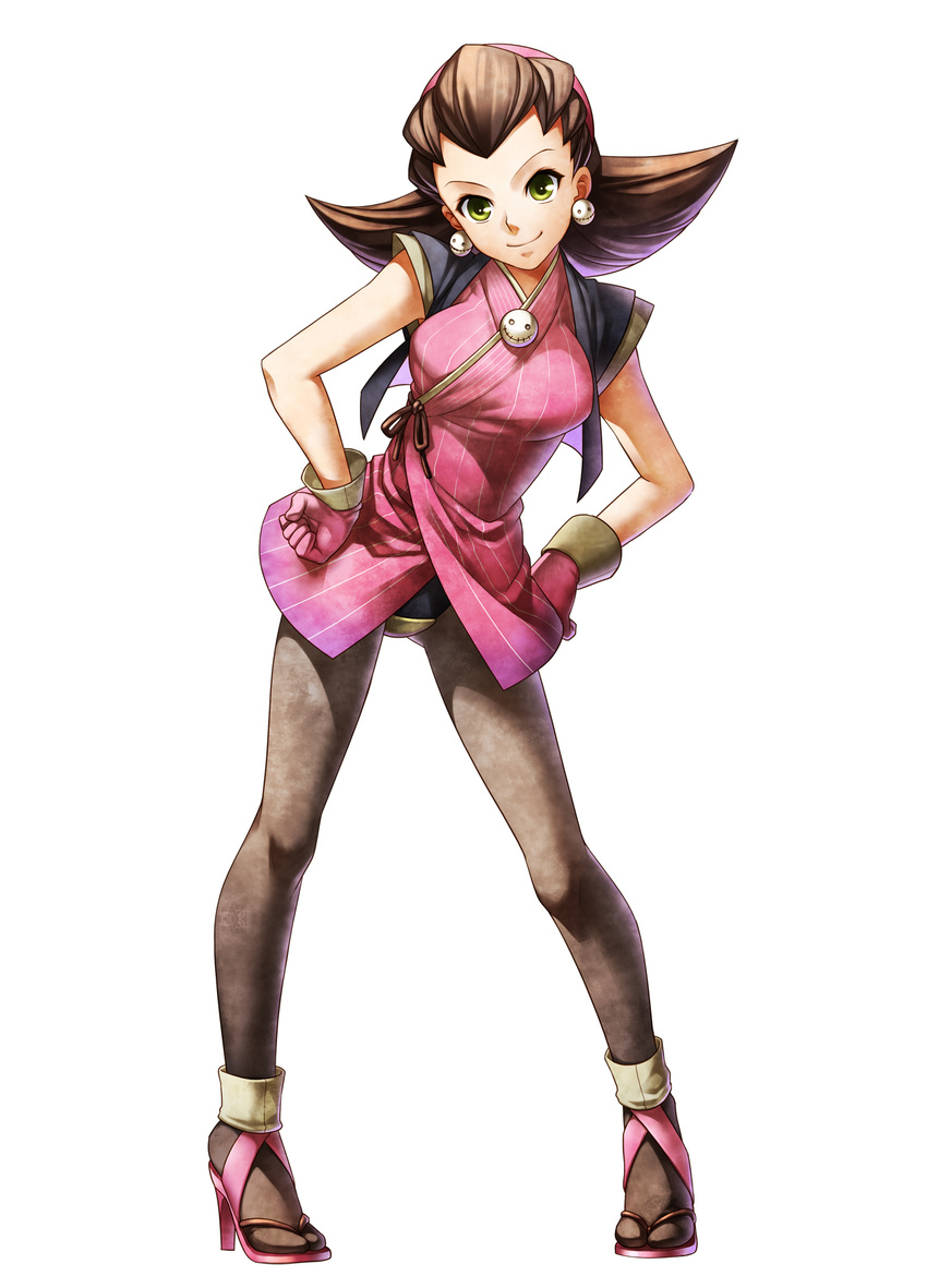 adapted_costume breasts brown_hair crotch_plate earrings full_body gloves green_eyes hair_pulled_back hairband hands_on_hips high_heels highres japanese_clothes jewelry kimono koma medium_breasts onimusha_soul pantyhose pigeon-toed rockman rockman_dash shoes short_kimono simple_background smile solo tron_bonne white_background