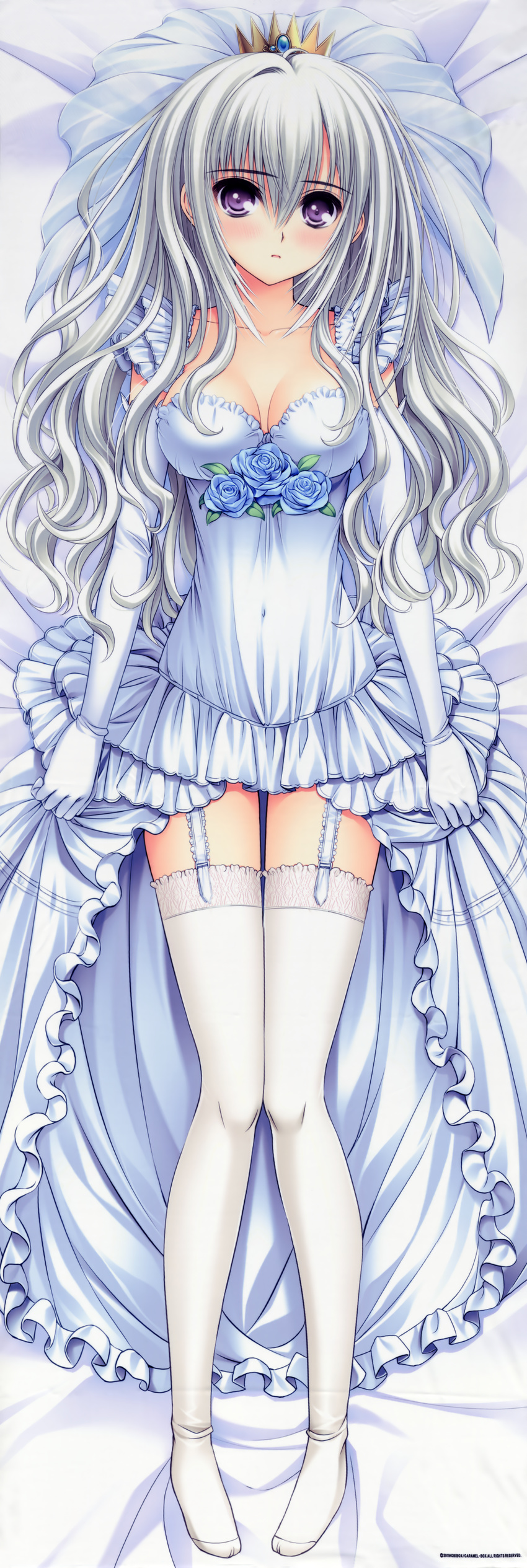 1girl absurdres blue_rose breasts bridal_gauntlets bridal_veil cleavage collarbone crown d: dakimakura dress fixed flower garter_straps genderswap highres kisakinomiya_chihaya legs long_image norita open_mouth otome_wa_boku_ni_koishiteru otome_wa_boku_ni_koishiteru_futari_no_elder purple_eyes rose tall_image thighhighs trap veil wedding_dress white_hair white_legwear