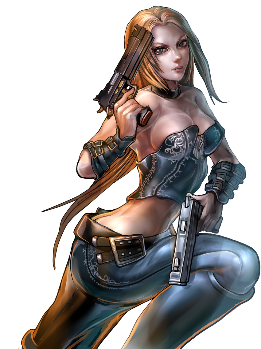 bare_shoulders belt blonde_hair blue_eyes boots bracer breasts butt_crack choker cleavage corset denim devil_may_cry dual_wielding gun handgun highres holding jeans knee_boots large_breasts lips long_hair midriff official_art onimusha_soul pants pistol sakai_yuuki_(yu_kino) simple_background solo trish_(devil_may_cry) weapon white_background