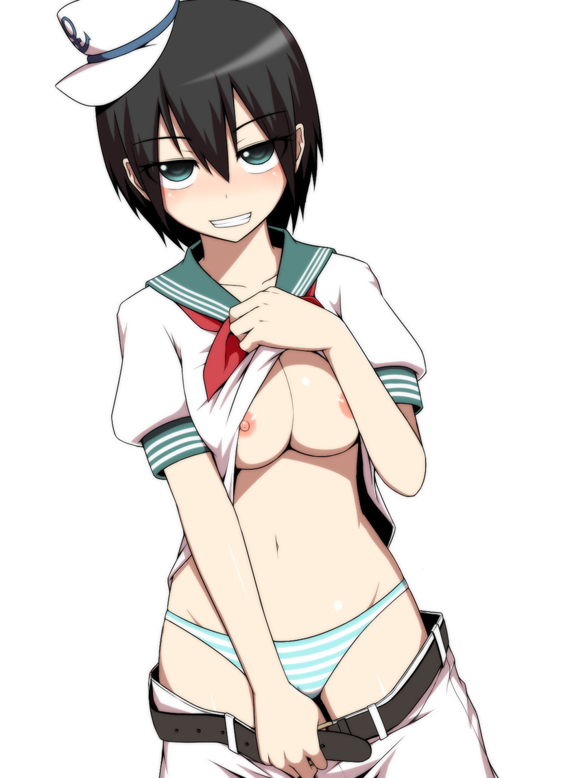 aqua_eyes bad_id bad_pixiv_id belt black_hair breasts cleavage collarbone dress grin hat highres kuroba_rapid looking_at_viewer medium_breasts midriff murasa_minamitsu navel neckerchief nipples no_bra panties pants_pull puffy_sleeves pulled_by_self sailor_dress sailor_hat shirt_lift short_hair short_sleeves shorts shorts_pull simple_background smile solo striped striped_panties touhou underwear white_background