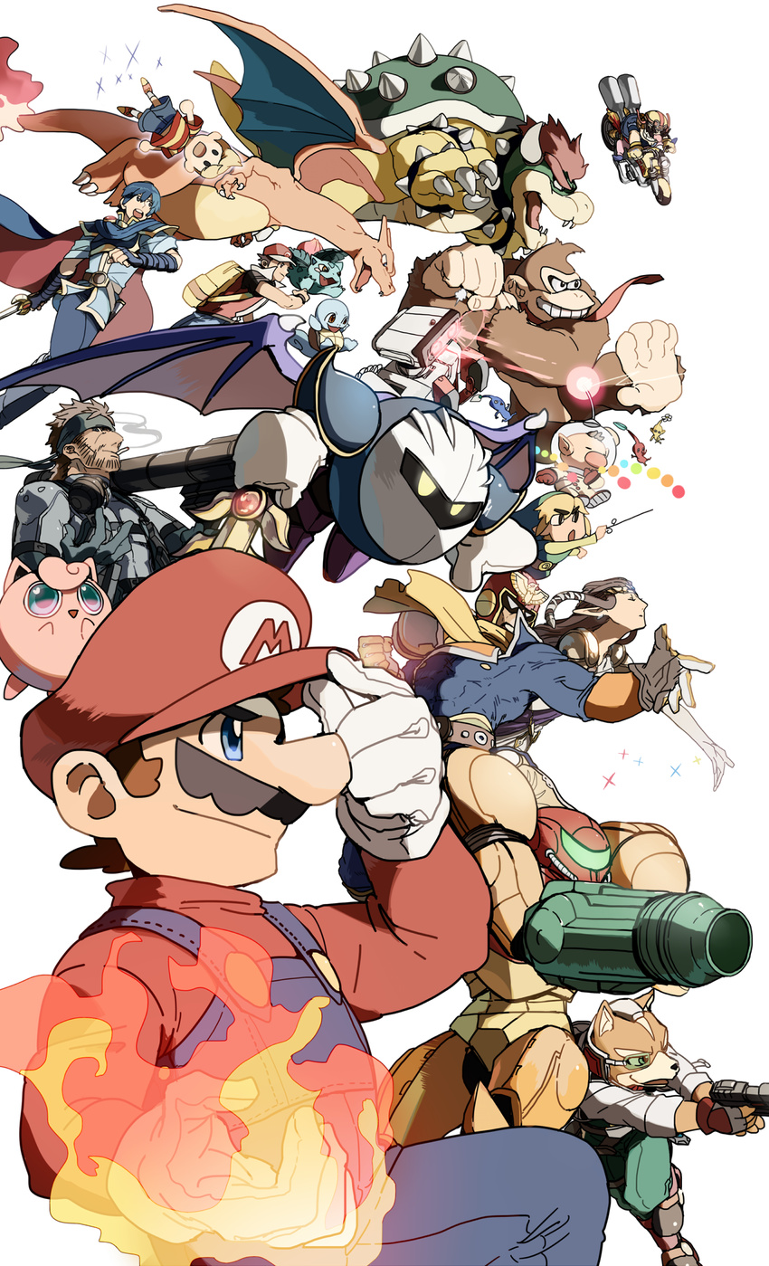 6+boys armor backpack bag bicycle blonde_hair blue_eyes blue_hair bowser brown_hair cape captain_falcon charizard donkey_kong donkey_kong_(series) f-zero facial_hair fire_emblem fire_emblem:_monshou_no_nazo fox_mccloud gabu_kichi galaxia_(sword) gen_1_pokemon gloves ground_vehicle gun hat headband helmet highres ivysaur jigglypuff kirby_(series) link lucas mario mario_(series) marth mask meta_knight metal_gear_(series) metal_gear_solid metroid mother_(game) mother_3 multiple_boys multiple_girls mustache olimar pikmin_(series) pokemon pokemon_(creature) princess_zelda r.o.b red_(pokemon) rocket_launcher samus_aran scarf smile solid_snake squirtle star_fox super_mario_bros. super_smash_bros. sword the_legend_of_zelda the_legend_of_zelda:_the_wind_waker the_legend_of_zelda:_twilight_princess toon_link wario weapon wings yellow_eyes