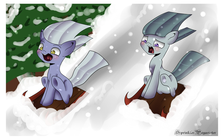 blinkie_pie_(mlp) equine female feral friendship_is_magic grey_hair hair horse inkie_pie_(mlp) mammal my_little_pony outside pony purple_eyes smile snow snowboarding snowing sprinklespegasister tree white_hair worried yellow_eyes