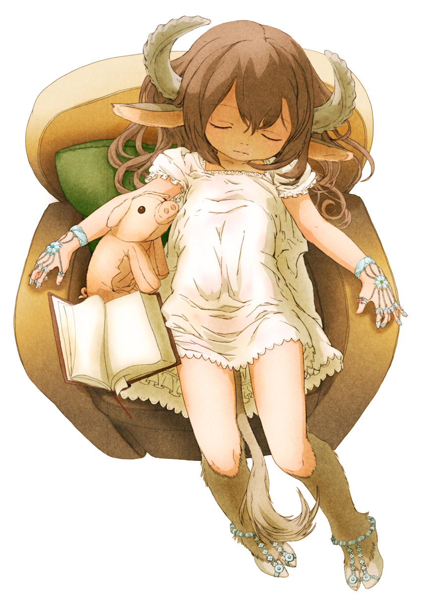 absurdres animal_ears book bookmark brown_hair chair child closed_eyes dress feral_lemma full_body highres hooves horns jewelry long_hair monster_girl original pillow sitting sleeping solo stuffed_animal stuffed_pig stuffed_toy tail