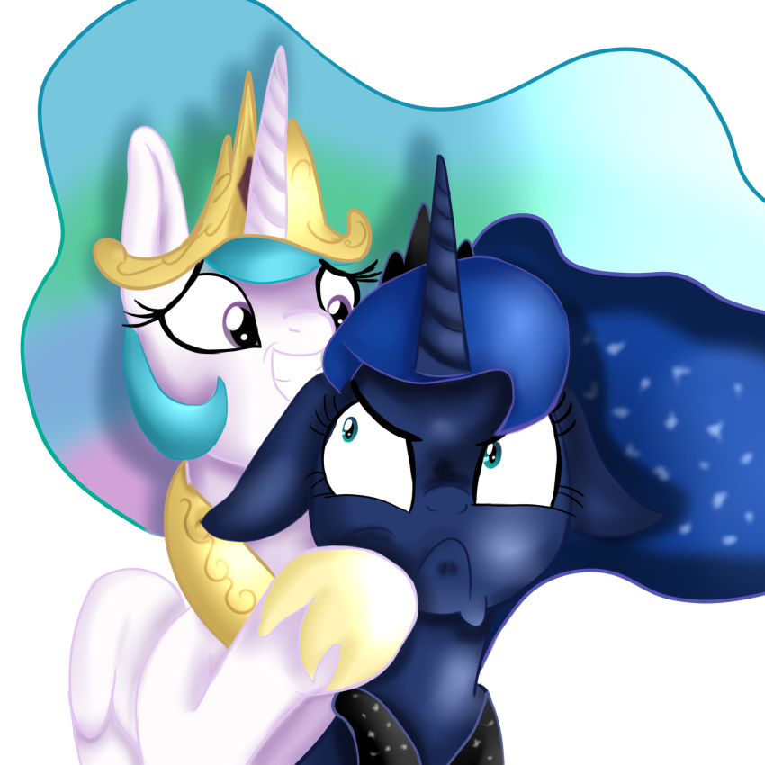 annoyed duo edit floppy_ears friendship_is_magic frown jbond my_little_pony painting princess_celestia_(mlp) princess_luna_(mlp) simple_background smile white_background yakoshi